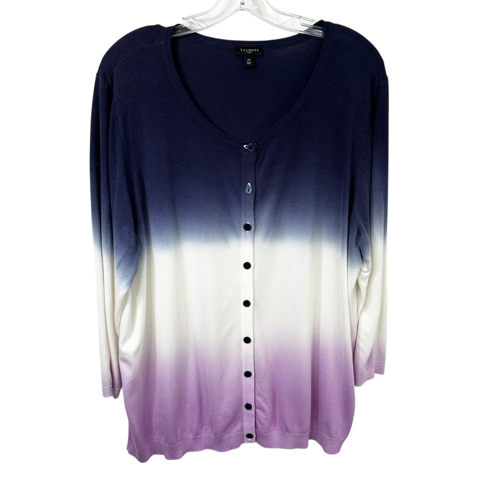 Talbots Plus‎ Size 2X Cardigan Navy Blue White Purple Ombre Dip Dye Sweater 720